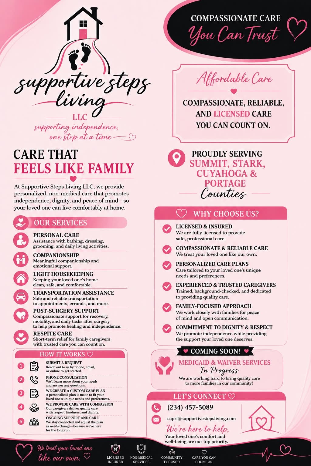 Supportive Steps Living LLC home health care services flyer — personal care and companionship in Akron, OH